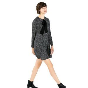 Zara Dress Women Medium Black Ivory Star Print‎ Bow Neckline Long Sleeve Mini